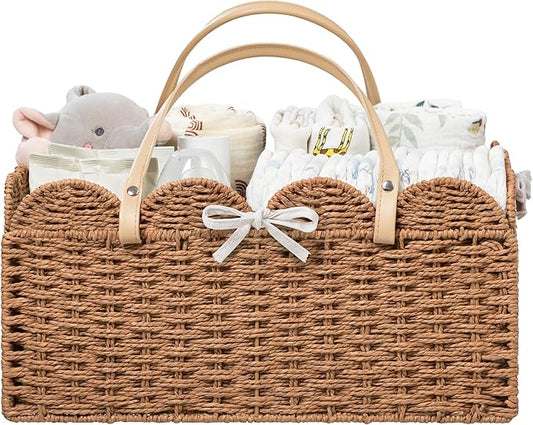 HBlife Baby Diaper Caddy, Paper Rope Storage Baskets Nursery Bin with Removable Divider, Portable Car Organizer for Diapers, Baby Shower Gifts, Newborn Essentials Must Haves