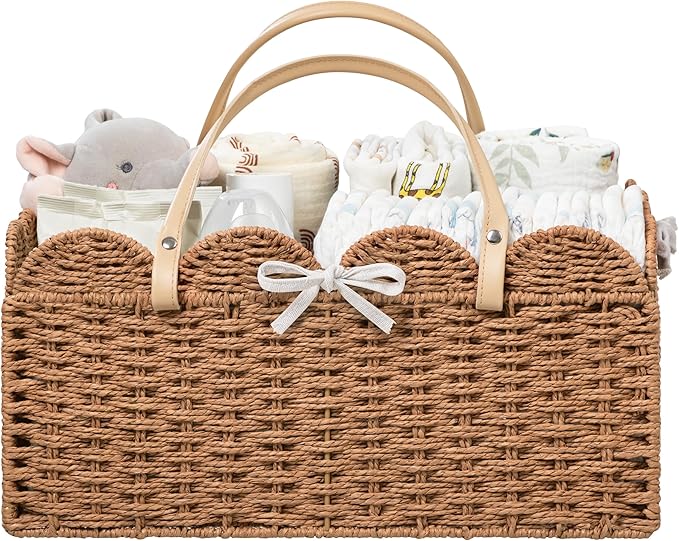 HBlife Large Baby Diaper Caddy, Paper Rope Storage Baskets Nursery Bin with Removable Divider, Portable Car Organizer for Diapers, Baby Shower Gifts, Newborn Essentials Must Haves