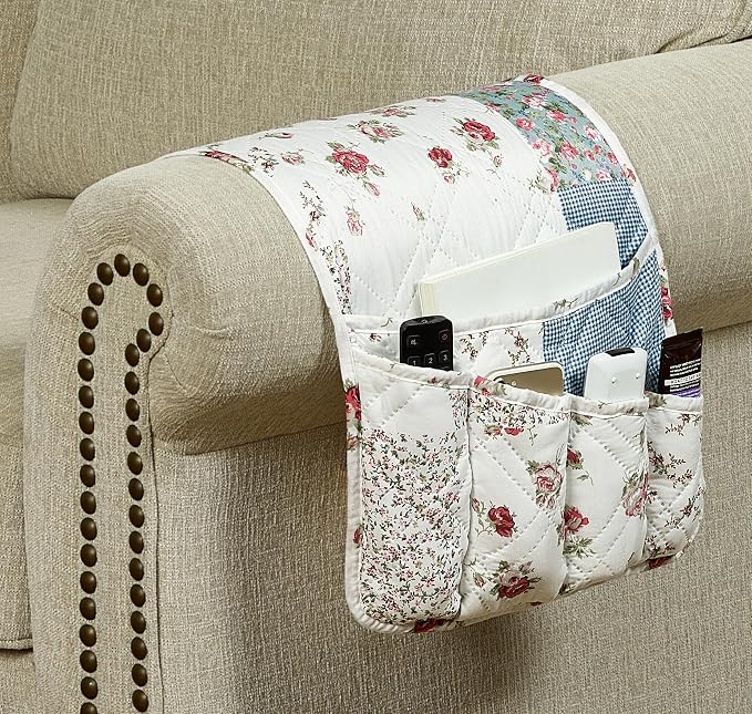 Brilliant Sunshine Pink Rose with Blue Check Patchwork Couch Armrest Organizer, Non Slip Armchair Caddy for Sofa Recliner, Washable Remote Control Holder, Storage for Magazine, Phone, iPad (35"×13")