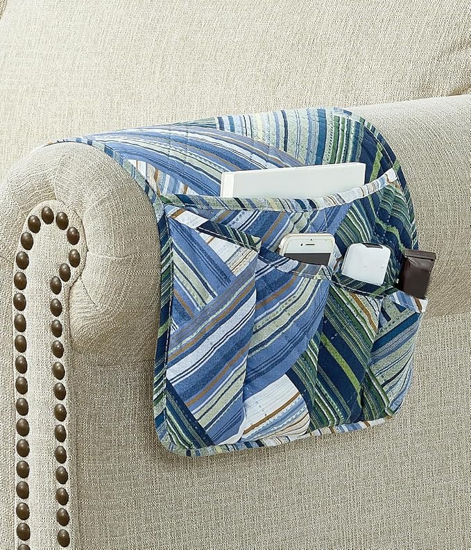 Brilliant Sunshine Teal Herringbone Patchwork Couch Armrest Organizer, Non Slip Armchair Caddy for Sofa Recliner, Washable Remote Control Holder, Storage for Magazine, Phone, iPad (35"×13")