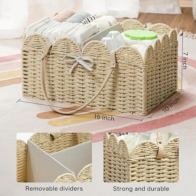 Angelhood Scalloped Paper Rope Diaper Caddy, Woven Floral Baby Diaper Organizer with Dividers for Changing Table, Nursery & Car Portable Baby Gift Basket
