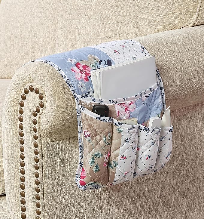 Brilliant Sunshine Blue Beige Roses Toile Patchwork Couch Armrest Organizer, Non Slip Armchair Caddy for Sofa Recliner, Washable Remote Control Holder, Storage for Magazine, Phone, iPad (35"×13")