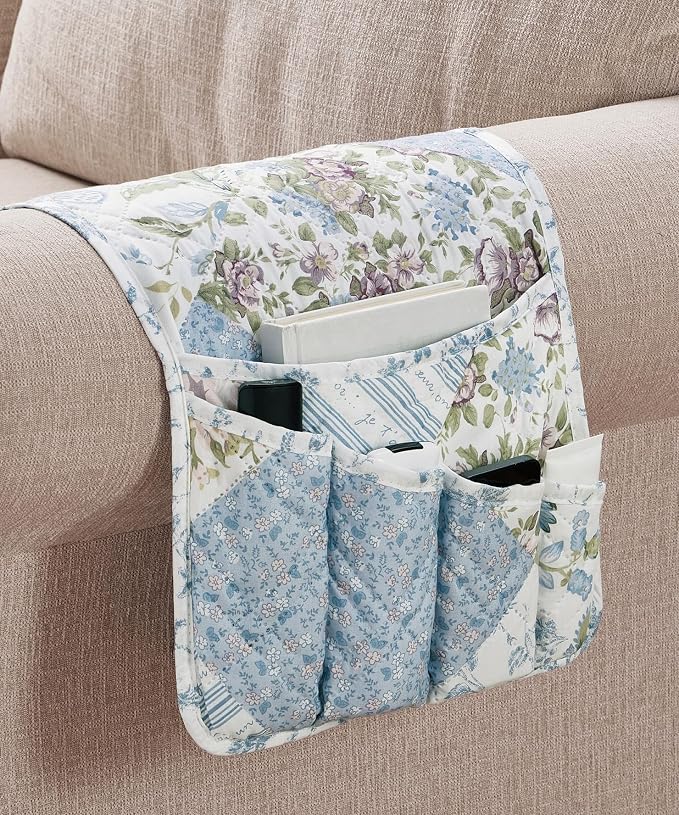 Brilliant Sunshine Blue Roses Patchwork Couch Armrest Organizer, Non Slip Armchair Caddy for Sofa Recliner, Washable Remote Control Holder, Storage for Magazine, Phone, iPad (35"×13")