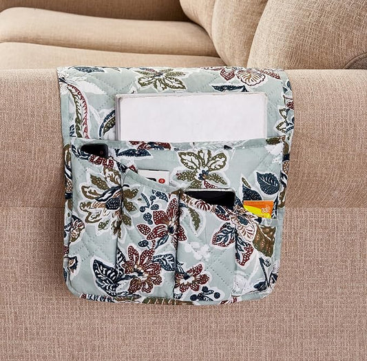 Brilliant Sunshine Green Vintage Beautiful Flowers Couch Armrest Organizer, Non Slip Armchair Caddy for Sofa Recliner, Washable Remote Control Holder, Storage for Magazine, Phone, iPad (35"×13")