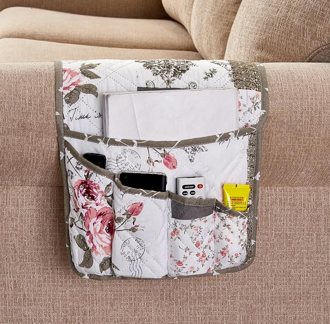 Brilliant Sunshine Pink Rose and Grey Toile Patchwork Couch Armrest Organizer, Non Slip Armchair Caddy for Sofa Recliner, Washable Remote Control Holder, Storage for Magazine, Phone, iPad (35"×13")