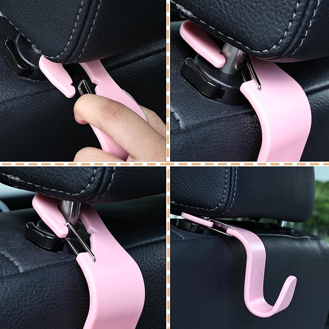 4-Pack 360° Rotating Universal Car Headrest Hooks, Car Organizer Hanger Storage Hooks for Bag Purse Cloth Grocery Universal Fit with Clip Pink