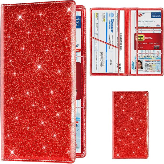 TOURSUIT Car Registration and Insurance Card Holder, Vehicle License Document Glove Box Compartment Organizer, Interior Car Accessories for Women Men (Glitter Red)