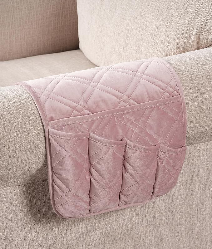 Brilliant Sunshine Silver Pink Velvet Couch Armrest Organizer, Non Slip Armchair Caddy for Sofa Recliner, Washable Remote Control Holder, Storage for Magazine, Tablet, Phone, iPad (35"×13")
