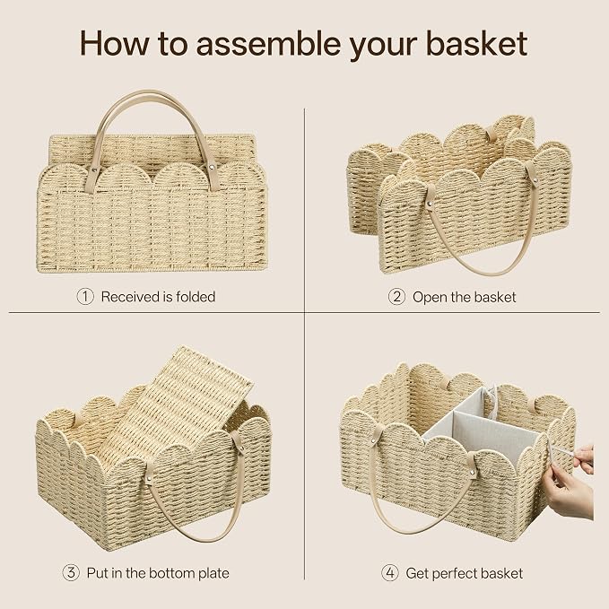 Angelhood Scalloped Paper Rope Diaper Caddy, Woven Floral Baby Diaper Organizer with Dividers for Changing Table, Nursery & Car Portable Baby Gift Basket