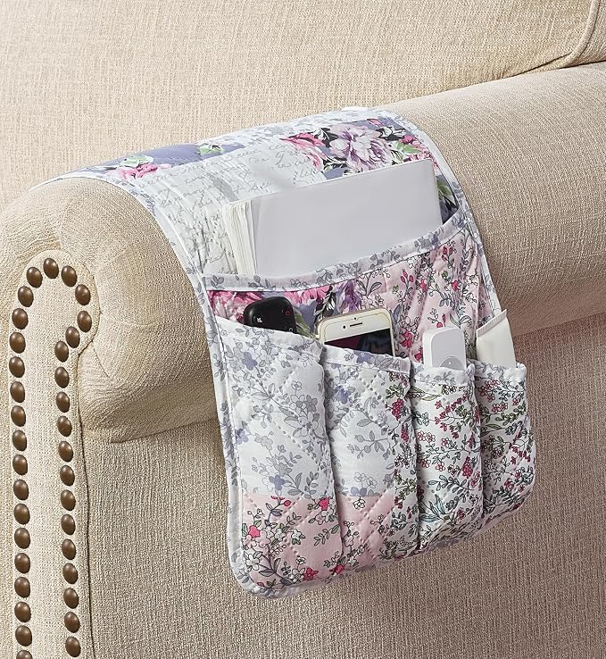 Brilliant Sunshine Blue Pink Rose Toile Patchwork Couch Armrest Organizer, Non Slip Armchair Caddy for Sofa Recliner, Washable Remote Control Holder, Storage for Magazine, Phone, iPad (35"×13")