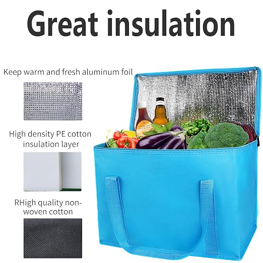 musbus 4-Pack, Large Insulated Grocery shopping bag, Blue, reusable bags,zipper,Collapsible,tote,cooler,for men women,for instacart,leakproof,soft,Recycled Materia