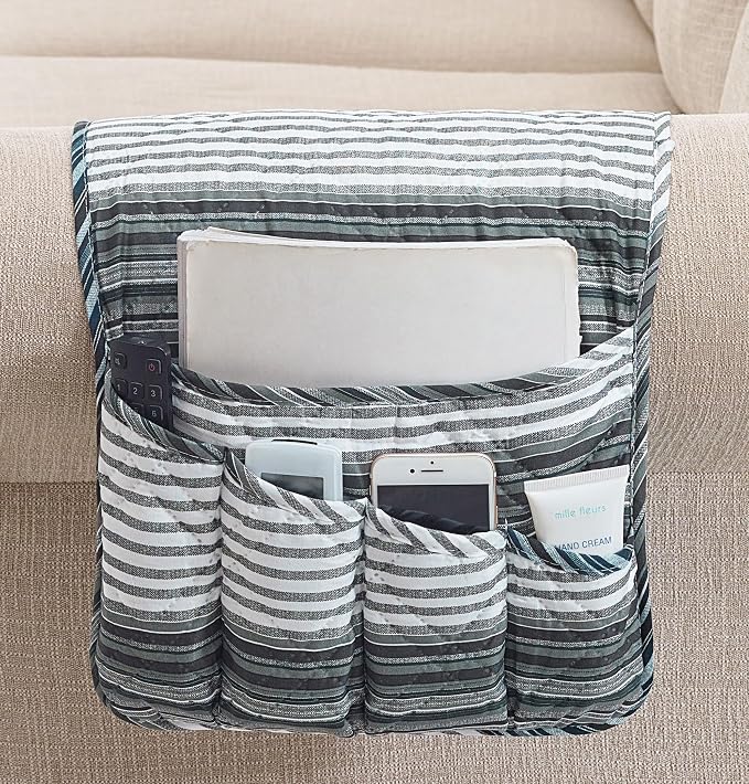 Brilliant Sunshine Multi Grey Stripes Patchwork Couch Armrest Organizer, Non Slip Armchair Caddy for Sofa Recliner, Washable Remote Control Holder, Storage for Magazine, Phone, iPad (35"×13")