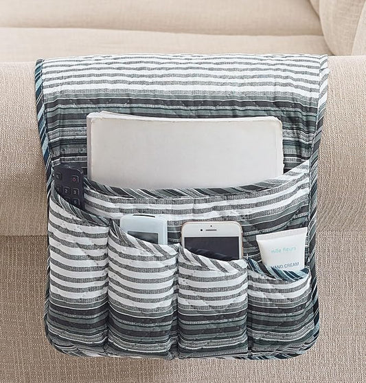 Brilliant Sunshine Multi Grey Stripes Patchwork Couch Armrest Organizer, Non Slip Armchair Caddy for Sofa Recliner, Washable Remote Control Holder, Storage for Magazine, Phone, iPad (35"×13")