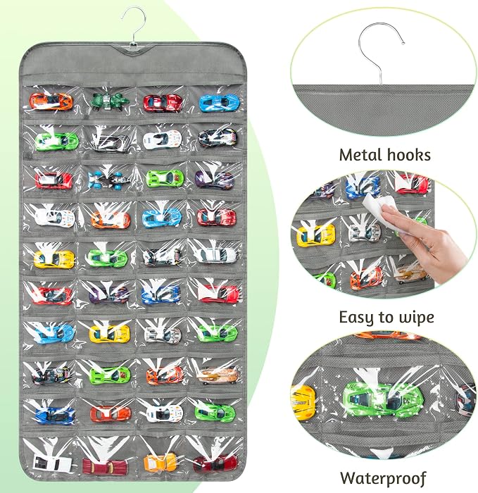 Hanging Organizers for Toy Car Double Sided 80 Pockets Display Case for Toy Cars (Without Toy Cars) (80 Slots Gray)