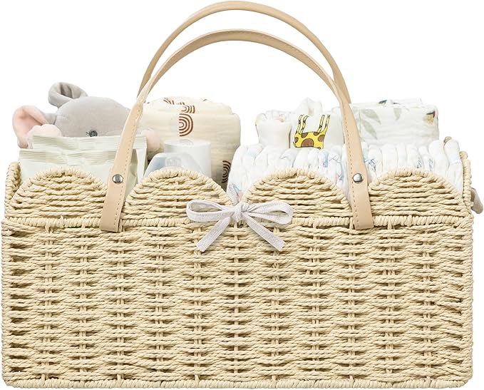 HBlife Large Baby Diaper Caddy, Paper Rope Storage Baskets Nursery Bin with Removable Divider, Portable Car Organizer for Diapers, Baby Shower Gifts, Newborn Essentials Must Haves