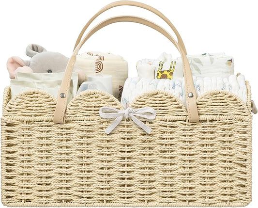 HBlife Large Baby Diaper Caddy, Paper Rope Storage Baskets Nursery Bin with Removable Divider, Portable Car Organizer for Diapers, Baby Shower Gifts, Newborn Essentials Must Haves