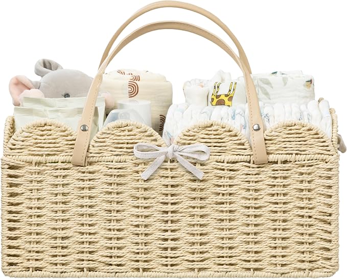 HBlife Baby Diaper Caddy, Paper Rope Storage Baskets Nursery Bin with Removable Divider, Portable Car Organizer for Diapers, Baby Shower Gifts, Newborn Essentials Must Haves