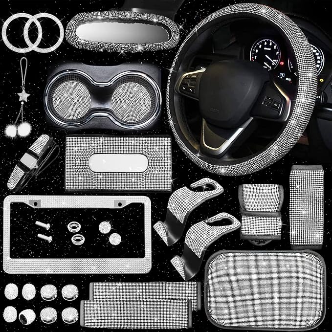 25PCS Bling Car Car Accessories Set,15 Inch Steering Wheel Cover,Shiny License Plate Frame,Center Console Cover and Rearview Mirror Set and Other Car Accessories(White)
