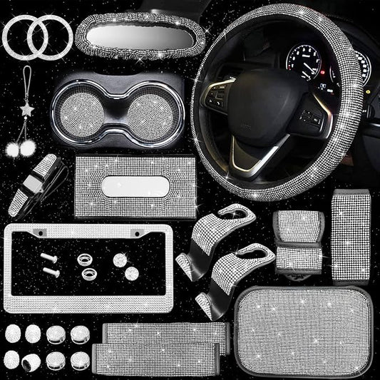25PCS Bling Car Car Accessories Set,15 Inch Steering Wheel Cover,Shiny License Plate Frame,Center Console Cover and Rearview Mirror Set and Other Car Accessories(White)