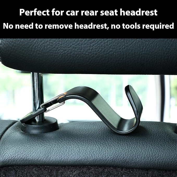 4-Pack 360° Rotating Car Headrest Hooks Vehicle Storage Organizer for Purses Handbags Groceries Backpack Coats – Holds 55lbs Universal Fit with Clip Black