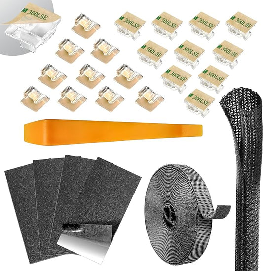 Dash Cam Installation Kit – Trim Removal Tool, 20 Strong Adhesive Cable Clips, Reusable Cable Ties, Split Sleeve & Foam Pads – Clean Car Wire Organizer