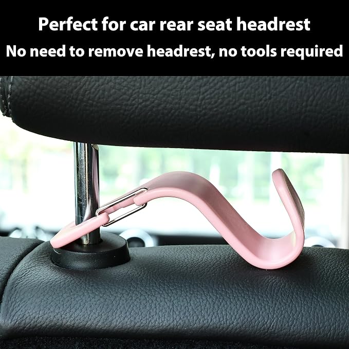 4-Pack 360° Rotating Universal Car Headrest Hooks, Car Organizer Hanger Storage Hooks for Bag Purse Cloth Grocery Universal Fit with Clip Pink