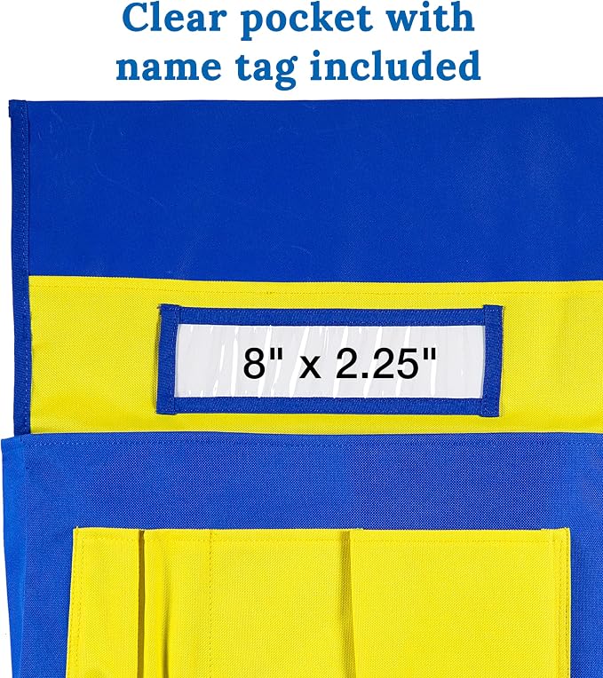 Carson Dellosa 15" x 19" Canvas Blue and Yellow Chairback Buddy Pocket Chart, Seat Storage for Classroom K-2, Classroom Chair Seat Storage with Pockets with 6 Chair Pockets and Student Name Tag