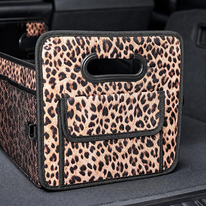 Car Trunk Organizer for SUV & Car, Foldable Waterproof Basket with Front & Side Pockets, Leopard Print Car Accessories for Women, Durable Oxford Cloth Backseat & Truck Bed Organizer