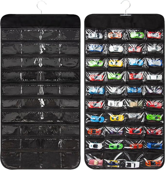 Hanging Organizers for Toy Car Double Sided 80 Pockets Display Case for Toy Cars (Without Toy Cars) (80 Slots Black)