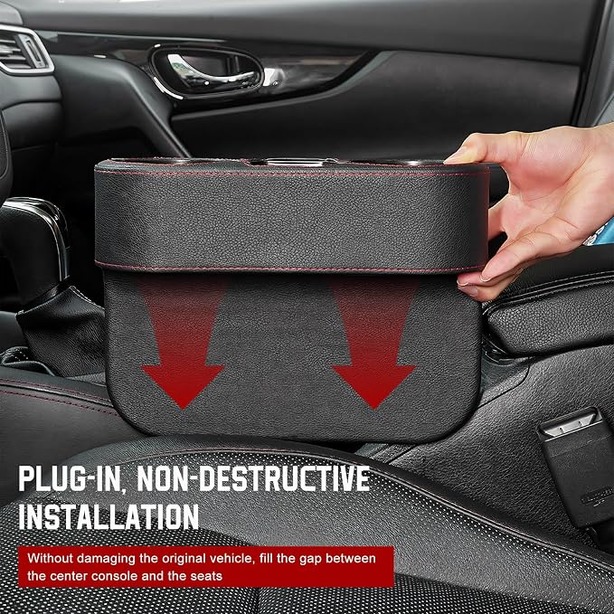 Car Cup Holder Gap Filler Organizer, Multifunctional Car Console Side Organizer with 2 Cup Holders, Leather Seat Gap Filler Portable Drink Holders Storage Box for Most Vehicles (Gray)