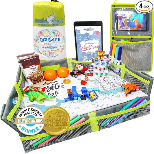 Gray Foldable Origami Kids Travel Tray Placemat Cover, Easy to Setup with Bonus Portable Multipurpose Side Pockets Organizer for Tablets and Phones Activities or Snacks for Toddler