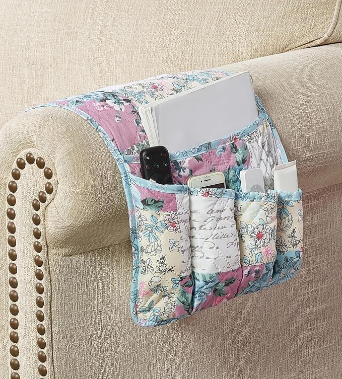 Brilliant Sunshine Lilac and Egg Blue Roses Patchwork Couch Armrest Organizer, Non Slip Armchair Caddy for Sofa Recliner, Washable Remote Control Holder, Storage for Magazine, Phone, iPad (35"×13")