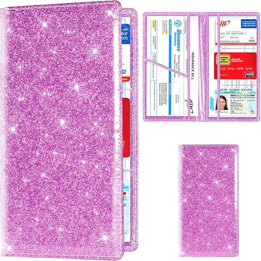TOURSUIT Car Registration and Insurance Card Holder, Vehicle License Document Glove Box Compartment Organizer, Interior Car Accessories for Women Men (Glitter Purple)