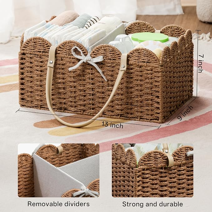 Angelhood Scalloped Paper Rope Diaper Caddy, Woven Floral Baby Diaper Organizer with Dividers for Changing Table, Nursery & Car Portable Baby Gift Basket