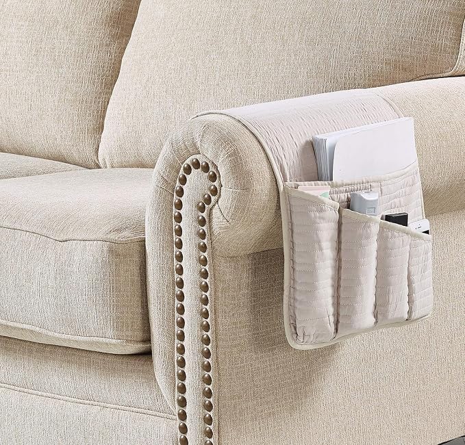 Brilliant Sunshine Light Beige Couch Armrest Organizer, 1/2" Channel Quilted, Armchair Caddy for Sofa Recliner, Washable Remote Control Holder, Storage for Magazine, Tablet, Phone, iPad (35"×13")