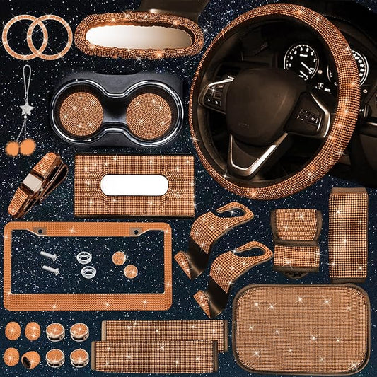 25PCS Bling Car Accessories Set,15 Inch Steering Wheel Cover,Shiny License Plate Frame,Center Console Cover and Rearview Mirror Set and Other Car Accessories(Orange)