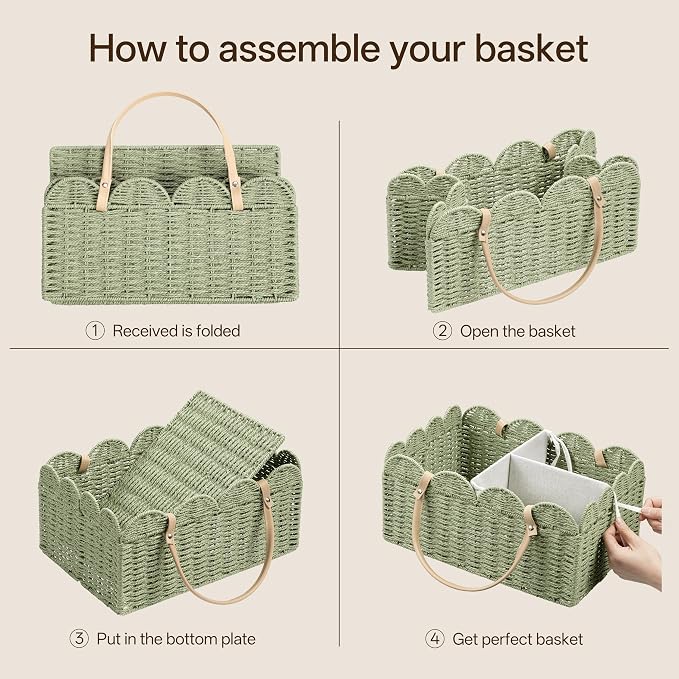 Angelhood Scalloped Paper Rope Diaper Caddy, Woven Floral Baby Diaper Organizer with Dividers for Changing Table, Nursery & Car Portable Baby Gift Basket
