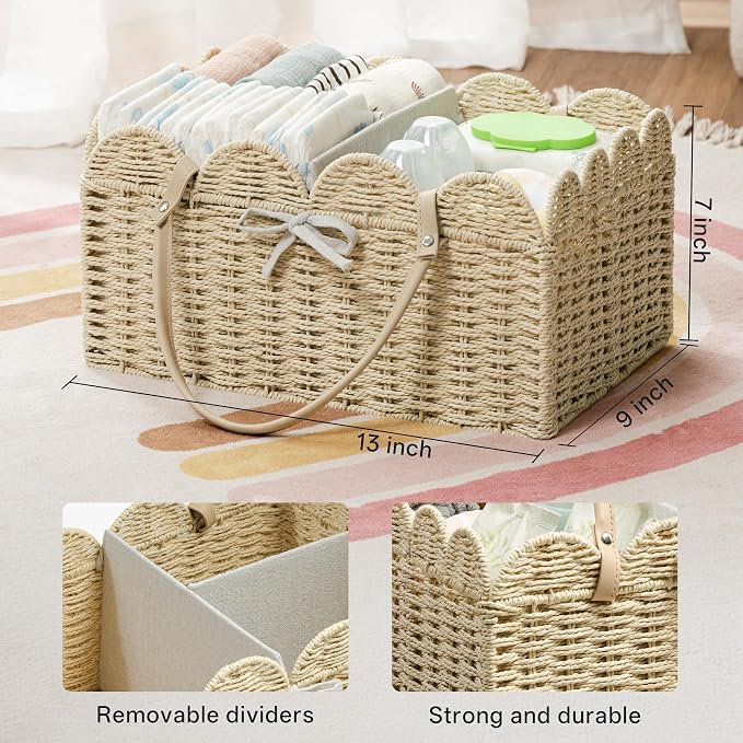 Angelhood Scalloped Paper Rope Diaper Caddy, Woven Floral Baby Diaper Organizer with Dividers for Changing Table, Nursery & Car Portable Baby Gift Basket