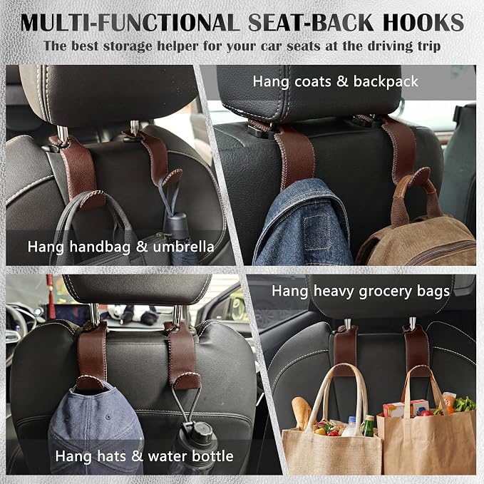Amooca Car Seat Headrest Hook Universal Vehicle Storage Hanger Leather with Metal Car Seat Back Organizer for Handbag Purse Coat Brown 4 Pack