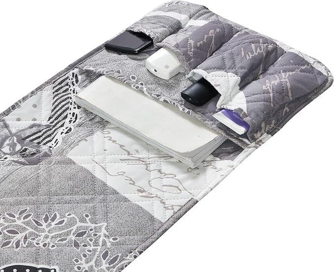 Brilliant Sunshine Grey Heart Love Patchwork Couch Armrest Organizer, Non Slip Armchair Caddy for Sofa Recliner, Washable Remote Control Holder, Storage for Magazine, Phone, iPad (35"×13")