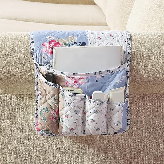 Brilliant Sunshine Blue Beige Roses Toile Patchwork Couch Armrest Organizer, Non Slip Armchair Caddy for Sofa Recliner, Washable Remote Control Holder, Storage for Magazine, Phone, iPad (35"×13")