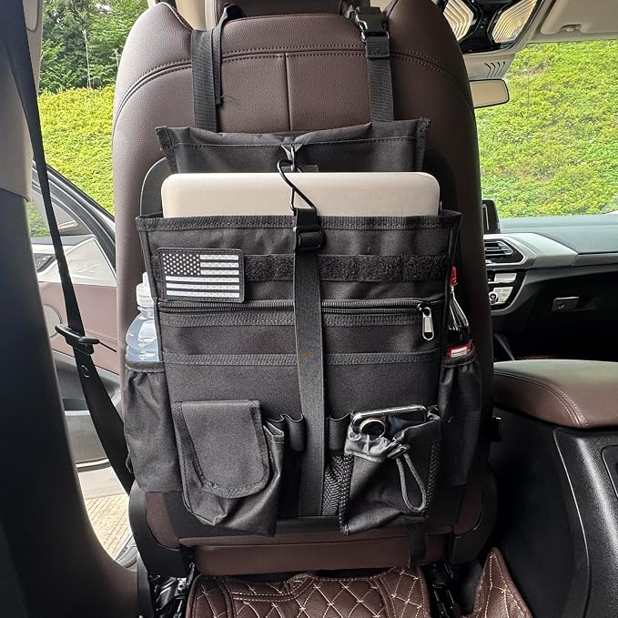 Front & Seat back organizer with dedicated tablet and 15.6 IN laptop storage stabilizers external stabilizing side straps soft adjustable shoulder straps hardened buckle (Black)