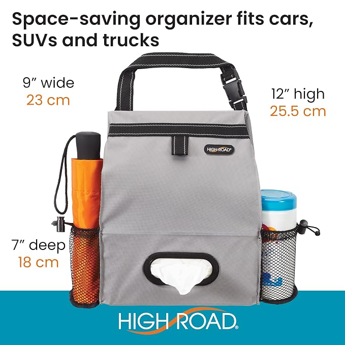 High Road Car Organizer with Car Trash Bin and Tissue Holder - Holds Full Size Tissue Box, Bottles and Wipe Containers - 2 Gal Leakproof Covered Trash Can with Push-Close Lid