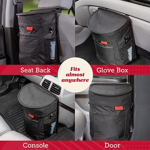 Lusso Gear Car Trash Can - 2.5-Gallon, Black, Round - Leak-Proof & Spill-Proof Lid & Waterproof Removable Liner - Hanging Car Trash Bin & Organizer for SUV, Truck & Minivan