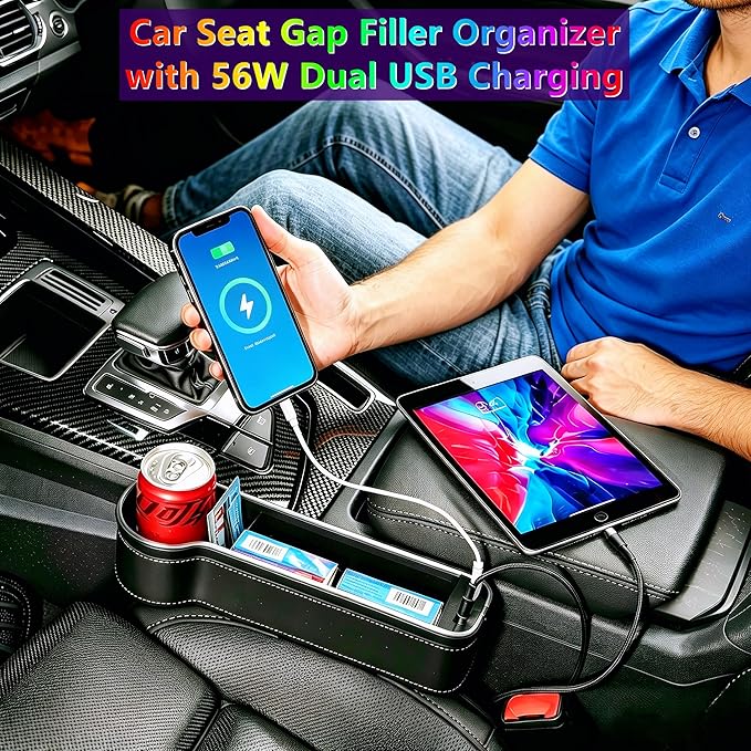 2 Pack Car Seat Gap Organizer,Multifunctional Seat Gap Storage Box with USB Fast Charger, Car Seat Pockets with Led Light, Car Seat Gap Filler with Cup Holder (Black)