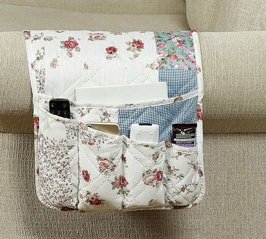 Brilliant Sunshine Pink Rose with Blue Check Patchwork Couch Armrest Organizer, Non Slip Armchair Caddy for Sofa Recliner, Washable Remote Control Holder, Storage for Magazine, Phone, iPad (35"×13")