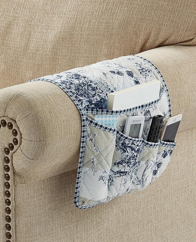 Brilliant Sunshine Blue Toile in Beige Ivory Patches Couch Armrest Organizer, Non Slip Armchair Caddy for Sofa Recliner, Washable Remote Control Holder, Storage for Magazine, Phone, iPad (35"×13")