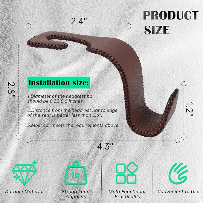 Amooca Car Seat Headrest Hook Universal Vehicle Storage Hanger Leather with Metal Car Seat Back Organizer for Handbag Purse Coat Brown 4 Pack