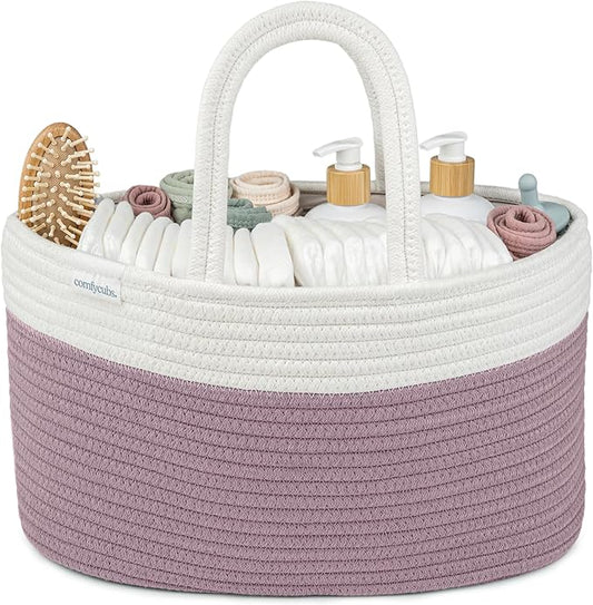 Comfy Cubs Rope Diaper Caddy Organizer 8.5" x 15" x 8" - Large Baby Diaper Basket with 3 Spacious Compartments - Stylish Cotton Baby Caddy Organizer for Diapers, Wipes & Essentials - Mauve