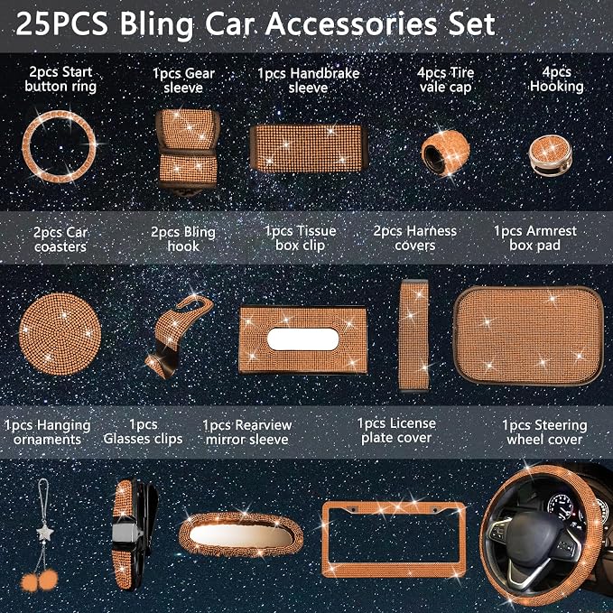 25PCS Bling Car Accessories Set,15 Inch Steering Wheel Cover,Shiny License Plate Frame,Center Console Cover and Rearview Mirror Set and Other Car Accessories(Orange)